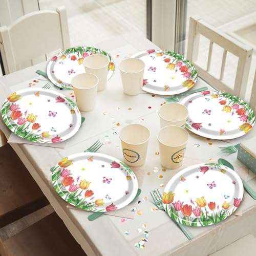 Qyeahkj 50 Pcs Spring Tulip Oval Paper Plates Large 11” Disposable Tulip Flower Party Decorations Floral Supplies Favor for Easter Picnic Spring Summer Birthday Butterflies Party Tableware Set - Image 7