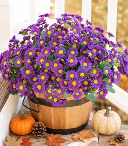 Daisy Artificial Flowers for Outdoors Autumn Fall Decoration, 6 Bundles Fake Mums Purple Silk Flowers for Outside Look Real UV Resistant Faux Flowers Plants for Planter Front Door Home Indoor Porch by INSPRING