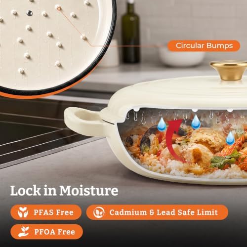 Parmedu Cast Iron Dutch Oven, 3.8 Quart, White, Shallow Braiser & Casserole - Image 5
