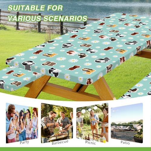 Cute Dog Picnic Table Cover with Bench Covers Camping Essentials Waterproof Windproof Funny Animal Daisy Flower Table Cover Fitted Tablecloth Cover with Elastic Edge for Outdoor 3 PCS 30x60 Inch - Image 3