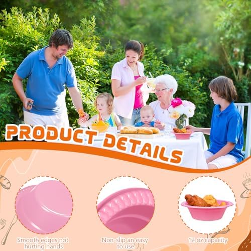 30 Pack 12 oz Pink Disposable Plastic Bowls Dessert, Ice Cream, Salad, Soup Serving Cups for Party, Picnic, Food Snacks (Pink) - Image 3