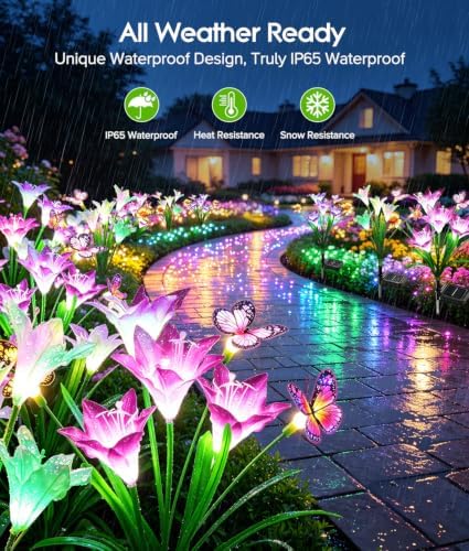 KOOPER Solar Lights Outdoor Garden Decor 8 Pack, 32 Lily Flowers and 24 Swaying Butterflies, IP65 Waterproof 7 Color Changing Solar Flower Lights for Yard Patio Pathway, Gifts for Mom Women Grandma - Image 4