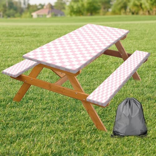 Picnic Table Cover with Bench Covers and Bag, Pink and White Checkered Gingham Buffalo Plaid Camping Tablecloth Cover Waterproof Windproof Elastic Edges Fitted Tablecloths for Outdoor 3PCS 30x60 Inch by Xguatan