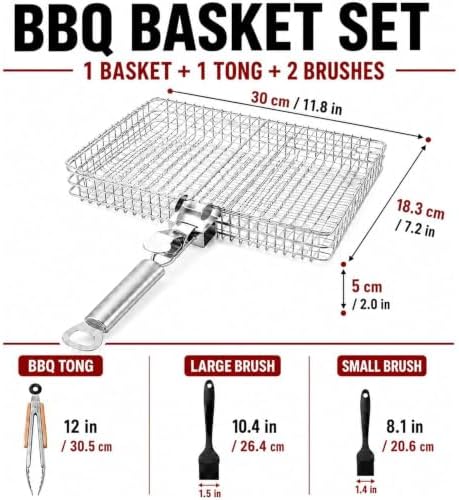 BBQ Grill Basket Set with 12 Inch Tongs & 2 Silicone Basting Brushes, Stainless Steel Folding BBQ Basket for Grilling, Portable Barbecue Grill Basket for Fish, Shrimp, Vegetables, Steak - Image 2