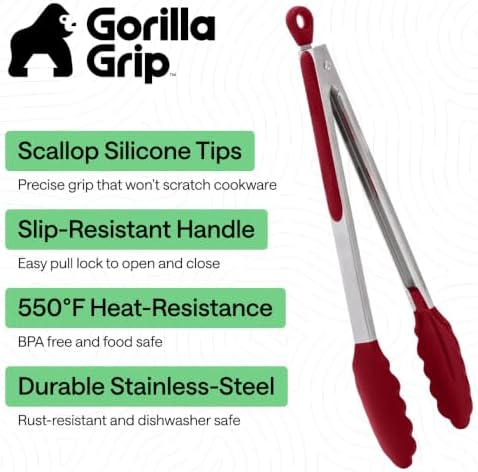 GORILLA GRIP Stainless Steel Kitchen Tongs for Cooking, 2 PK, Red - Image 2