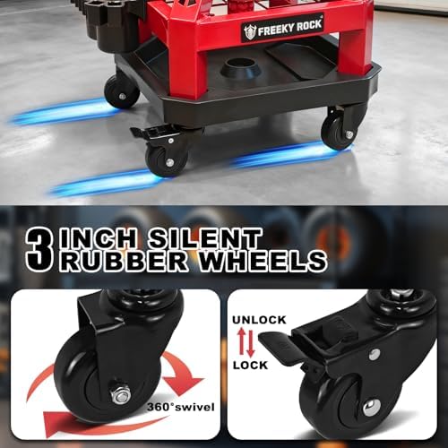 Rolling Shop Stool with Wheels, Heavy Duty Garage Work Mechanic Stool with Backrest, Adjustable Height 360°Swivel Rolling Chair with Tool Tray Storage, 330 LBS Capacity, Red - Image 6