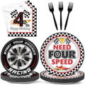 96Pcs Racing Car 4th Birthday Party Paper Plates and Napkins for Need Four Speeed Dessert Cake Plate Disposable Decor Racing Checkered Flag Tableware for Boy Kids Race Car 4 Years Birthday Decorations by Oitnlaughter