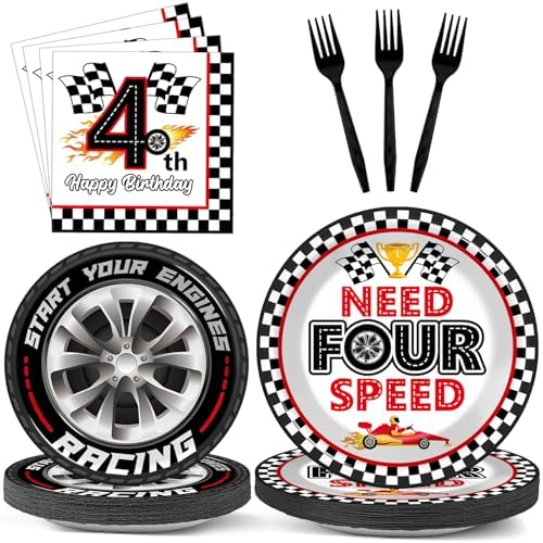96Pcs Racing Car 4th Birthday Party Paper Plates and Napkins for Need Four Speeed Dessert Cake Plate Disposable Decor Racing Checkered Flag Tableware for Boy Kids Race Car 4 Years Birthday Decorations by Oitnlaughter