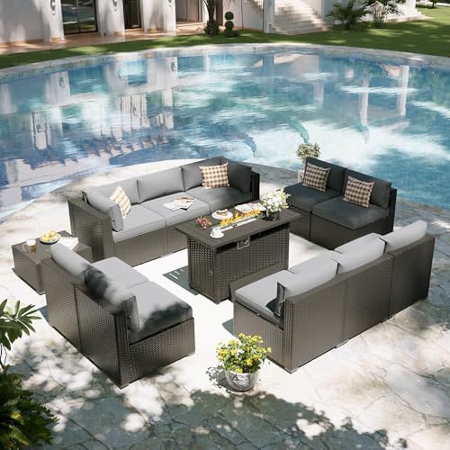 Aoxun Patio Furniture Set with Fire Pit Table, 12 Piece Outdoor Sectional Sofas, 10 Seats Wicker Rattan Outdoor Furniture with Thickened Cushion for Backyard, Garden Light Grey - Image 7