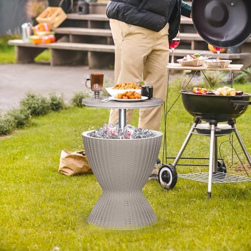 EasyUp Outdoor Cooler Bar Table – 8 Gallon Outdoor Patio Cooler Table with Drain Plug, Adjustable Height Rattan-Style Resin Cool Bar for Poolside, Deck, BBQ & Parties (Grey) - Image 6