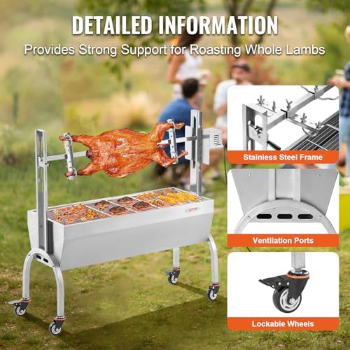 VEVOR Rotisserie Grill, BBQ Whole Pig Lamb Goat Charcoal Spit Grill, 46 Inch 132 Lbs Capacity, Electric 52W Motor Stainless Steel Rotisserie Roaster with Lockable Wheels, for Camping Outdoor - Image 6