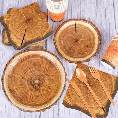 durony 350 Pieces Camping Wood Grain Slice Tableware Set Rustic Camo Hunter Plates Napkins Cups Cutlery Hunting Birthday Party Decorations Lumberjack Dinner Camping Party Decorations Serve 50 Guests - Image 4