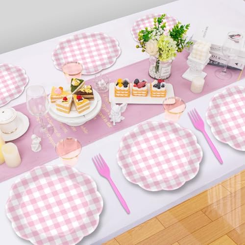 96 Pieces Pink Gingham Party Tableware Set – Scalloped Edge Checkered Paper Plates, Napkins and Pink Forks Disposable Dinnerware for Baby Shower, Picnic, Birthday, Tea Party and Summer Party Supplies - Image 4
