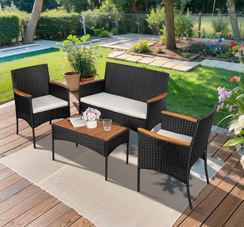 Shintenchi 4-Piece Patio Furniture Set, Outdoor Wicker Patio Conversation Furniture Set with Cushions and Wooden Tabletop for Paito Lawn Backyard Pool Garden, Black Rattan - Image 6