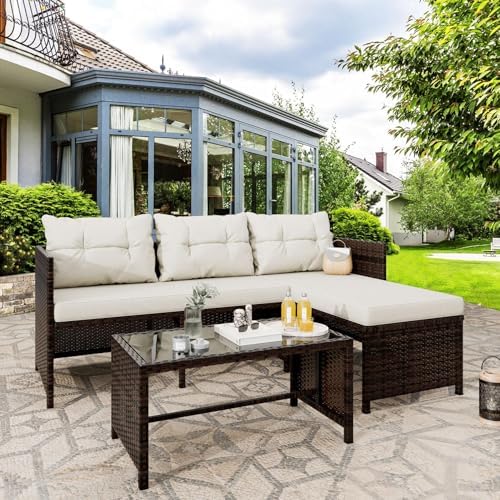 Vongrasig 3 Piece Patio Furniture Sets, All-Weather PE Wicker Outdoor Sofa Couch Sectional Set, Small Conversation Set for Garden/Patio w/Cushion, Glass Table, (Beige) by Vongrasig