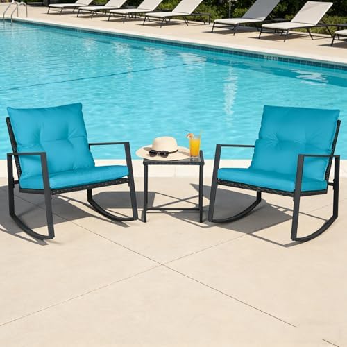 SUNCROWN 3 Piece Outdoor Rocking Bistro Set Black Wicker Furniture Porch Chairs Conversation Sets with Glass Coffee Table, Light Blue - Image 2