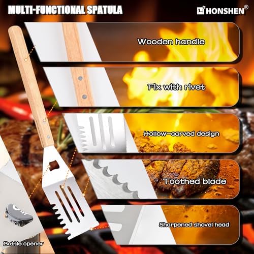 3 Piece Barbecue Tool Sets,Heavy Duty Stainless Steel and Wooden Handles BBQ Tool Sets,Grill Accessories,Grilling Spatula,Fork,Tongs for Outdoor Grill Cooking (Large BBQ Tools Set-3P) - Image 3