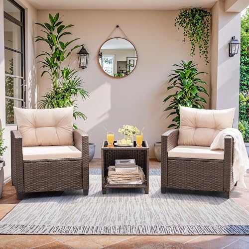 Devoko 3 Pieces Patio Furniture Set Outdoor Wicker Chairs and Table, Beige - Image 2