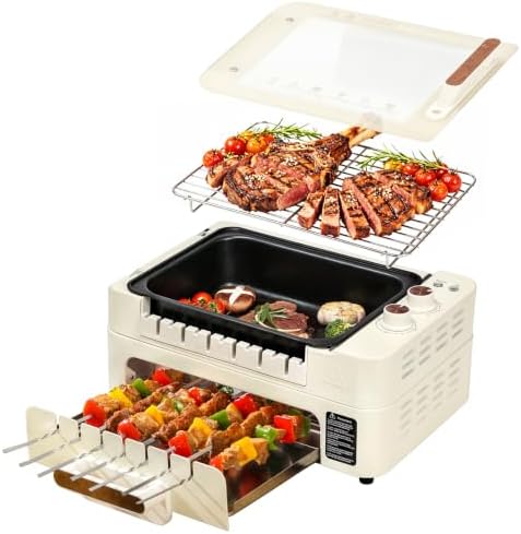 Electric Indoor Grill Smokeless BBQ grill Cooker for BBQ Party 1000W 20-Skewer Capacity,4-in-1 Nonstick Removable Grill Plate with Lid and Auto-Rotating Kabob Skewers adjustable Temperature by Katsuyoku