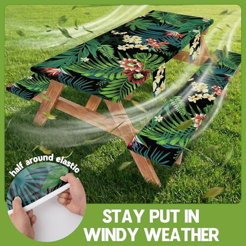 Picnic Table Cover with Bench Covers Waterproof Elastic Rectangle Tablecloth Camping Essentials Supplies Rv Car Travel Gear Must Haves Accessories Fitted Table Cloth Outdoor Road Trip Camper Gifts 6ft - Image 3