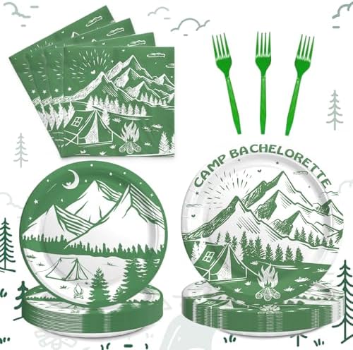 Hombae Camp Bachelorette Supplies Tableware Set, Last Trail Before the Veil Bachelorette Decor, Green Camping Bachelorette Party Decorations, Camp Theme Plates, Napkins, Forks, Serves 24 Guests by Hombae
