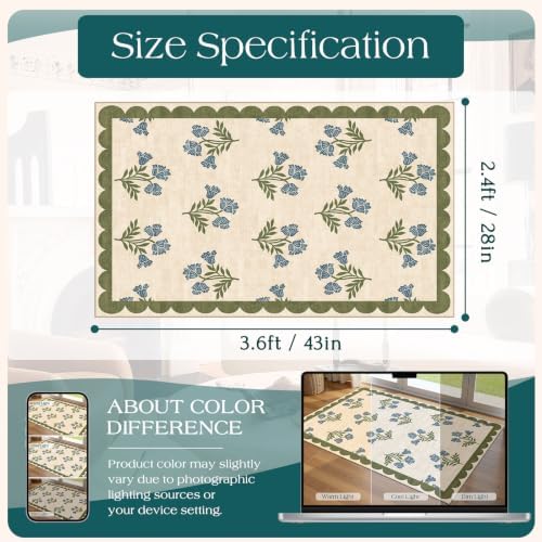 Floral Outdoor Rug - 28" x 43" Front Door Mat Indoor Outside Entrance Non-Slip Washable Outdoor Mat Sage Blue Spring Scalloped Rug for Entryway Kitchen Bedroom Layered Doormat for Front Porch - Image 2