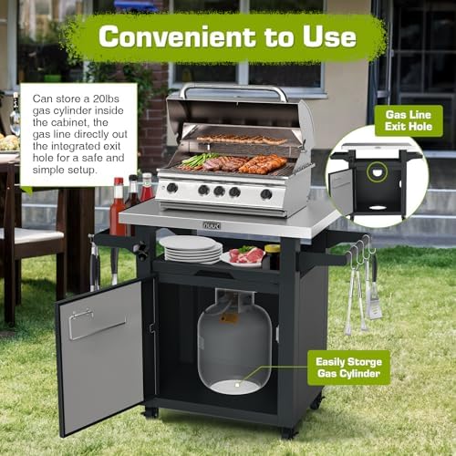 NUUK Grill Table with Storage Cabinet, Outdoor Grill Cart Pizza Oven Table with Wheels, Stainless Steel Top Kitchen Island 20"x30" Rolling Prep Station Outdoor Bar Cart for BBQ, Deck, Backyard - Image 3