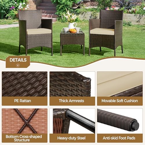 Yaheetech 3 Pieces Patio Porch Furniture Set, Outdoor PE Rattan Wicker Conversation Set with Soft Cushions, Glass Coffee Table & 2 Chairs for Garden/Deck/Courtyard/Poolside, Brown/Khaki - Image 5
