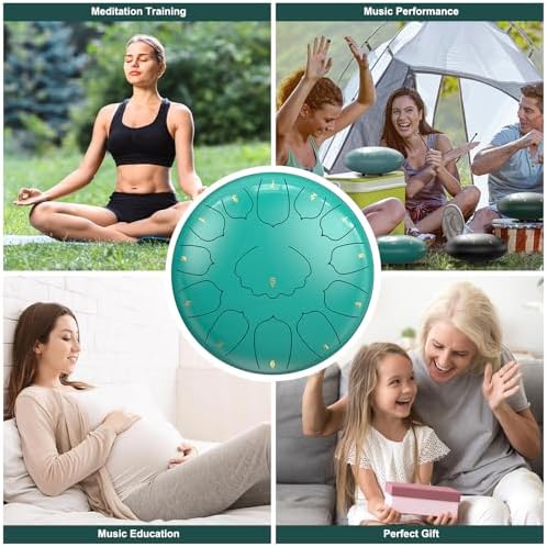D Major Steel Tongue Drum Handpan, 12 Inch 13 Note Rain Drum for Outside Garden, Meditation Rain Chime, Musical Percussion Instrument for Adult Gift with Bag, Music Book, Drum Mallets (Lake Blue) - Image 6
