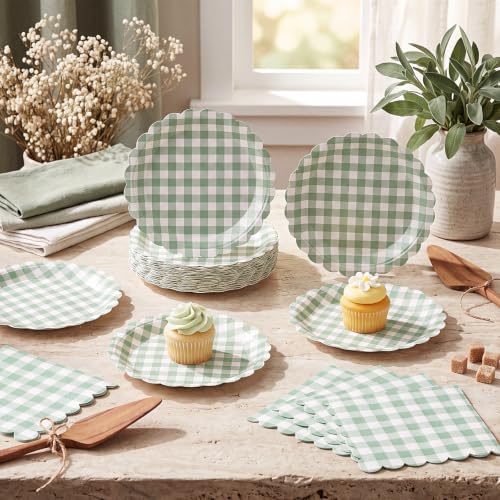 Roshtia 120 Pcs Sage Green Gingham Plates and Napkins Set, Boho Baby Shower - Image 7