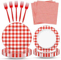 100 Pcs Red White Gingham Party Supplies Set, Serves 25 – Disposable Checkered Paper Plates, Napkins, and Forks, Classic Picnic Themed Tableware for BBQ, Outdoor, Birthday, Holiday Party Decorations by Merriva