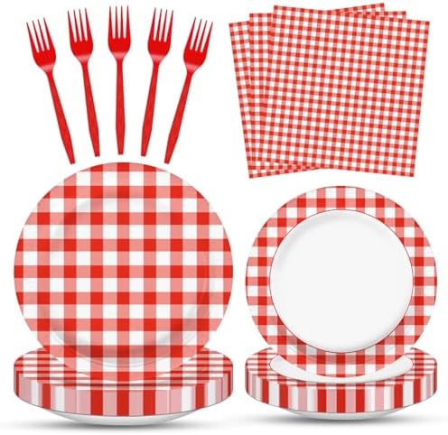 100 Pcs Red White Gingham Party Supplies Set, Serves 25 – Disposable Checkered Paper Plates, Napkins, and Forks, Classic Picnic Themed Tableware for BBQ, Outdoor, Birthday, Holiday Party Decorations by Merriva