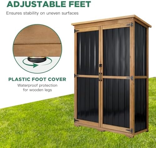 Outdoor Storage Cabinet Waterproof with Shelves, Outdoor Storage Shed Garage Cabinet Weatherproof, Wood & Metal Outside Patio Backyard Garden Pool Storage Tool Organizer - Image 6