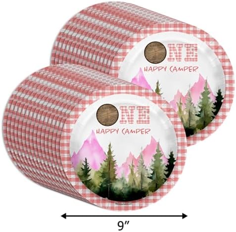 One Happy Camper Girl's First Birthday - 32 Piece Disposable Party Supplies - Decorations for Camping 1st Birthday Round Party Plates - Large 9" Paper Plates In Bulk - Image 2