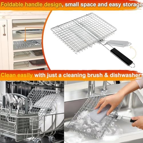 Large Stainless Steel Grilling Basket with Removable Handle – Deep Fish & Vegetable Grill Basket for Outdoor BBQ, Heavy Duty Non-Stick Basket for Gas/Charcoal Grill, Easy to Clean – Gifts for Dad - Image 4