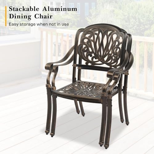 VINGLI 7-Piece Outdoor Dining Set, Cast Aluminum Patio Furniture Set for 6 with Umbrella Hole, Rectangular Outdoor Dining Table & 6 Stackable Chairs, All-Weather Garden/Poolside Dining Set Bronze - Image 4