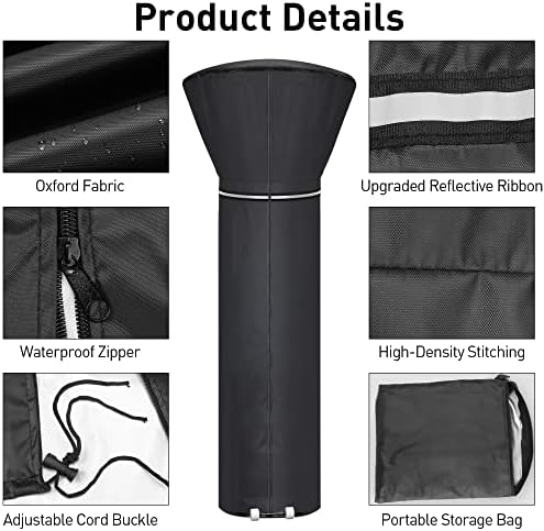Patio Heater Covers with Reflective Strip,Outdoor Heater Cover Waterproof,Dustproof,Wind-Resistant,Sunlight-Resistant,Snow-Resistant,Black,89.5''x 33.5" Dome x 19.5" Base - Image 3