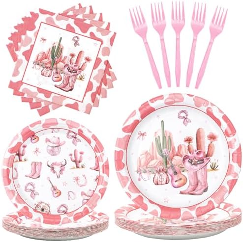 96Pcs Pink Western Cowgirl Paper Plates Napkins Set for 24 Guests by Lianxuia