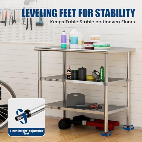 Stainless Steel Work Table 24 x 48 Inch with 2 Adjustable Undershelves, Heavy-Duty Metal Prep Table for Commercial Kitchen & Restaurant, Garage, Outdoor - Image 6