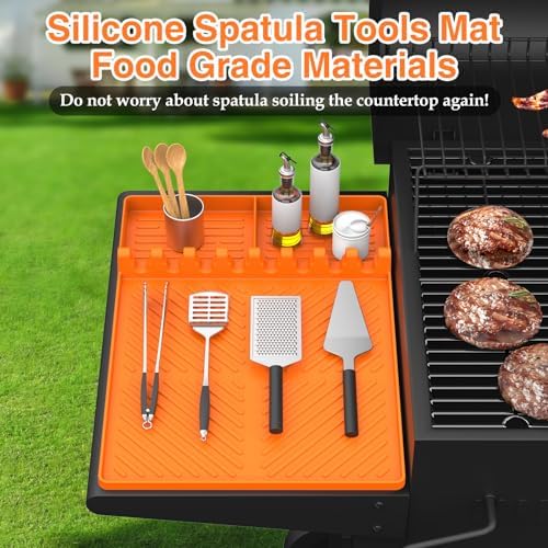 Silicone Griddle Tools Mat for Blackstone, Griddle Accessories Side Shelf Mat Grill Pad for Outdoor Grill Kitchen Counter Spatula Silicone Mat with Drip Pad (Orange (2Packs)) - Image 2