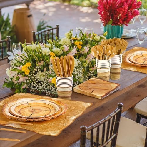 Kochorie 175 Pieces Rustic Wood Slice Party Supplies Camping Wood Grain Slice Tableware Set 7 Inch and 9 Inch Paper Plates Napkins Cups Cutlery for Hunting Birthday Party Decorations, Serve 25 Guests - Image 6