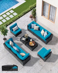Patio Furniture Set - All-Weather - 10 Piece Patio Outdoor Conversation Set, Modular Wicker Rattan Sectional Sofa for Backyard, Garden, Poolside, Balcony, Porch, Patio, Black/Peacock Blue by Unknown
