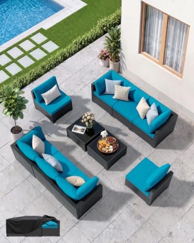 Patio Furniture Set - All-Weather - 10 Piece Patio Outdoor Conversation Set, Modular Wicker Rattan Sectional Sofa for Backyard, Garden, Poolside, Balcony, Porch, Patio, Black/Peacock Blue by Unknown