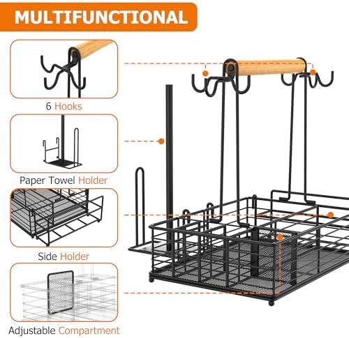 Toncoke Large Grill Caddy with Paper Towel Holder & Side Hooks, All-in-One BBQ Tool Organizer with Adjustable Dividers, Rustproof for Outdoor Kitchen, Camping, RV - Black - Image 4