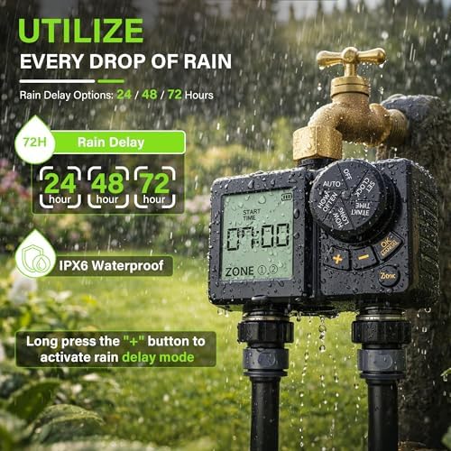 MIXC 1/4" 99Ft Drip Irrigation System with Rechargeable 2-Zone Water Timer, Automatic Garden Watering Kit with 16pcs 360°Adjustable Brass Nozzles & Bendable Rod,for Raised Bed,Potted Plant,Greenhouse - Image 3