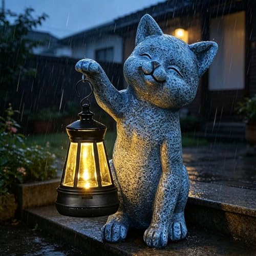 Cat Garden Statue Decorations Outdoor,Solar Resin Figurine with Hanging Lantern Outdoor Decor(cat2) - Image 5