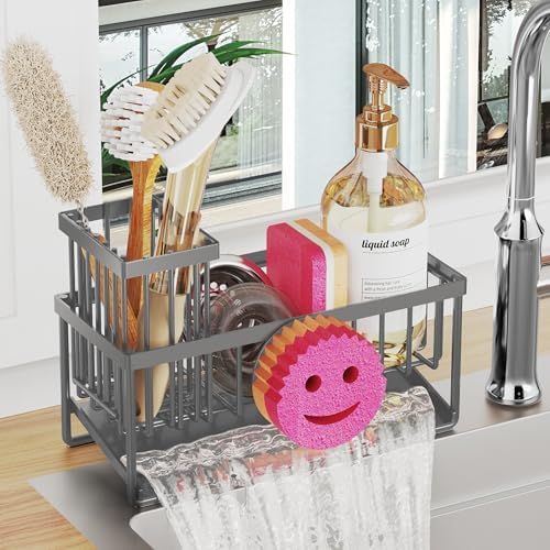 Sponge Holder for Kitchen Sink,Smiley Face Sink Caddy with Removable Brush Holder,Self-Draining Sponge Caddy for Soap,Dish Brush,Scrubber,Kitchen Essentials and Gadgets-Charcoal Gray by Taugast