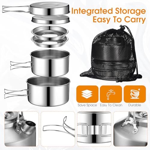 Funnymoom 15 Pcs Camping Cookware Mess Kit Outdoor Cooking Set Stainless Steel with Pot and Pan Kit 2 Set Stainless Steel Cups Plates Forks Knives Spoons for Camping Backpacking Cooking Picnic - Image 3