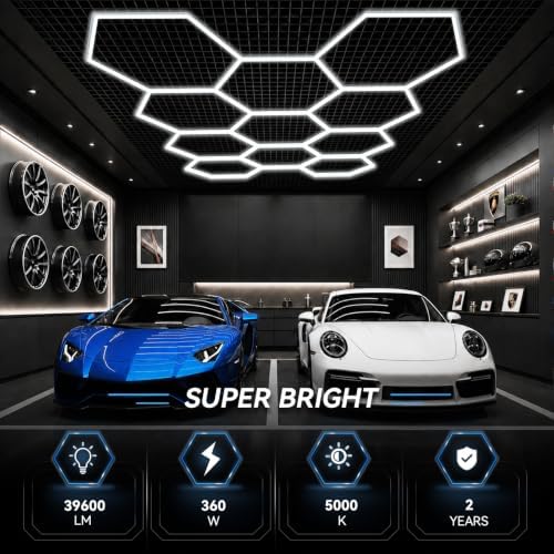 LZHOME Hexagon LED Garage Light: Super Bright 39600LM 11 Grids Hexagon Garage Light, 5000K Honeycomb Lights Ceiling for Garage, Warehouse, Car Detailing Shop, Exhibition Hall, Gym - Image 2