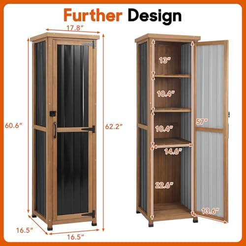 Outdoor Storage Cabinet, Wood & Metal Storage Shed with Weatherproof Roof, 3 Removable Shelves, Lockable Door, Adjustable Feet, Outside Storage Cabinet for Garage, Patio, Backyard - Image 5